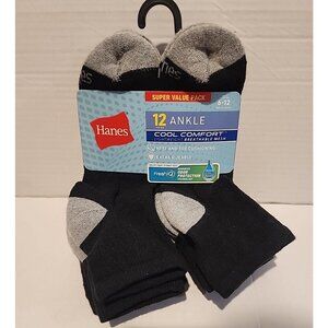 12 pair HANES Men's Cushioned lightweight mesh Cool Comfort Ankle Socks Black